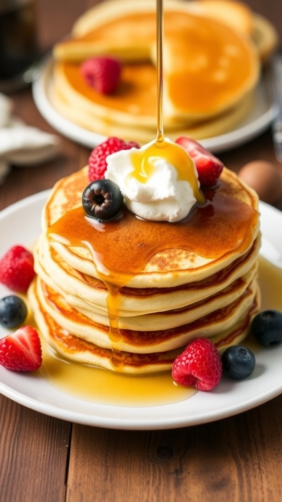 Fluffy keto cream cheese pancakes stacked on a plate with syrup and berries.